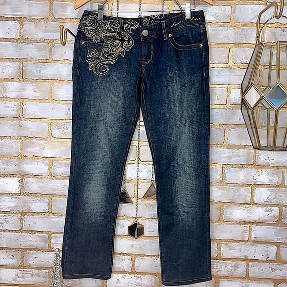 Express X2 Dark Wash Gold Floral Embroidered Zelda Boot Cut Jean, Women’s Size 6 - Picture 9 of 15